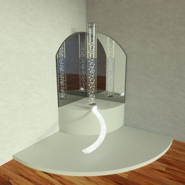 modulo angolare per stanza Snoezelen con seduta, specchi arrotondati, tappetino morbido, tubo a bolle e fibre ottiche