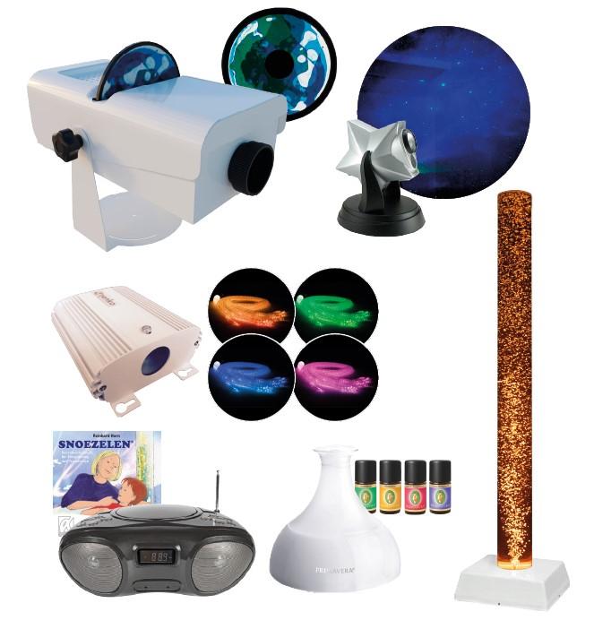 set per stimolazione multisensoriale Snoezelen con proiettore a disco, proiettore cielo stellato  fibre ottiche lettore cd portatili con CD tubo a bolle e diffusore di aromi